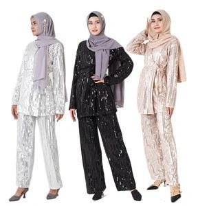 Islamic clothing 3 color vogue suit women sequins embroidery Modest Long Sleeve Turkey pants with belts