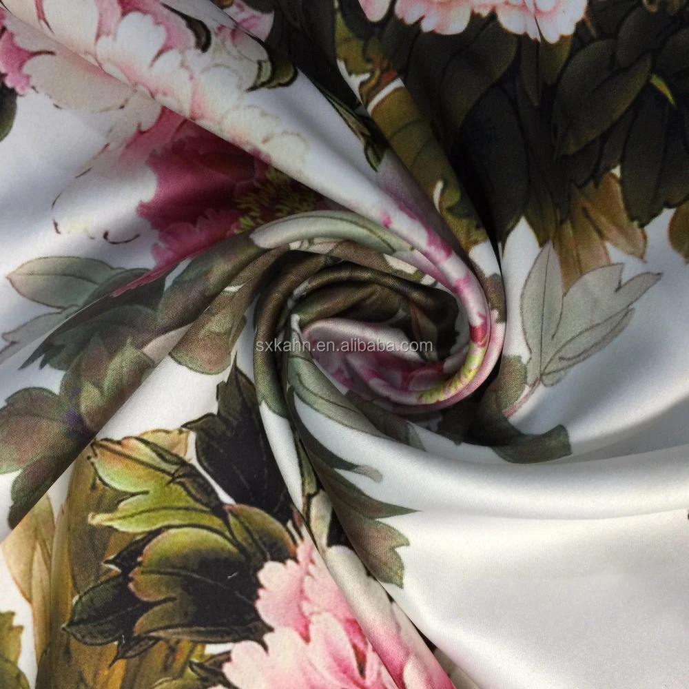 Kahn fashion textile smooth big flower satin print fabric custom silk satin fabric