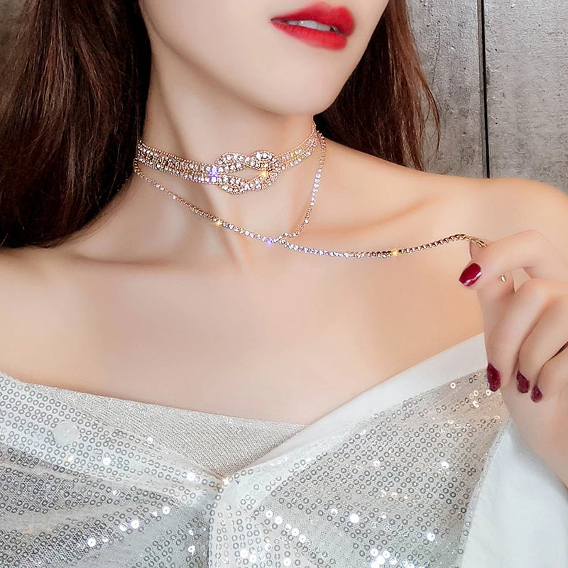 Knotted shiny rhinestone choker neck ring necklace female Japanese and Korean personality neckband neck jewelry