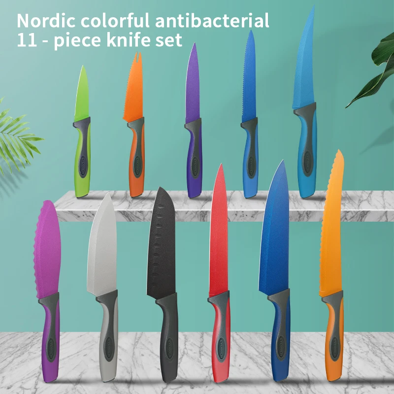 Konoll 11pcs Stainless Steel Kitchen Knives Set Color knife set Non-stick Coating Blade knife FACTORY with BSCI certification