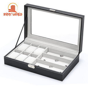 Leather 6 Watch Box Jewelry Case and 3 Piece Eyeglasses Storage and Sunglass Glasses Display Case Organizer,Black