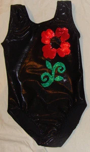 leotards gymnastics girls dancewear black mystique with a red large dot holographic flower