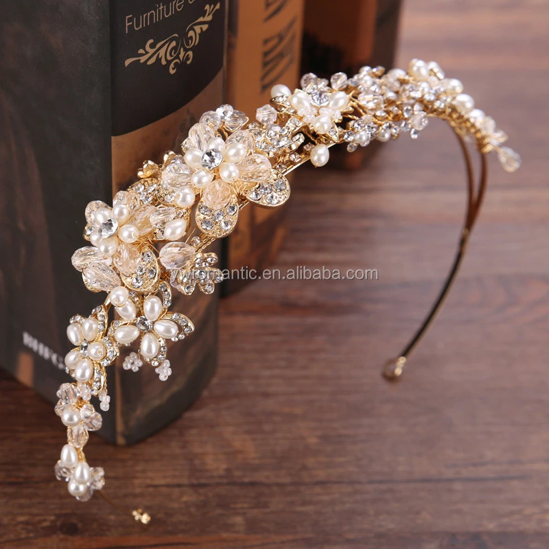 Luxury beaded floral crystal pearl gold and silver wedding bride to be tiara