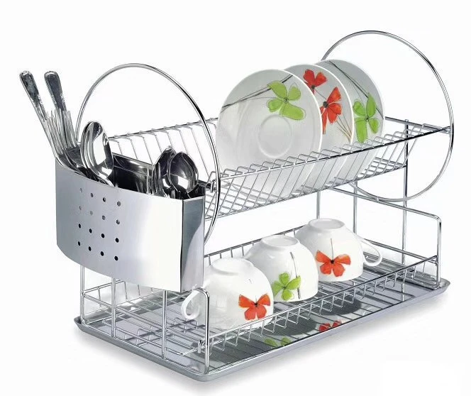 MOQ 100pcs chrome kitchen two tires stainless steel dish rack tableware in stock