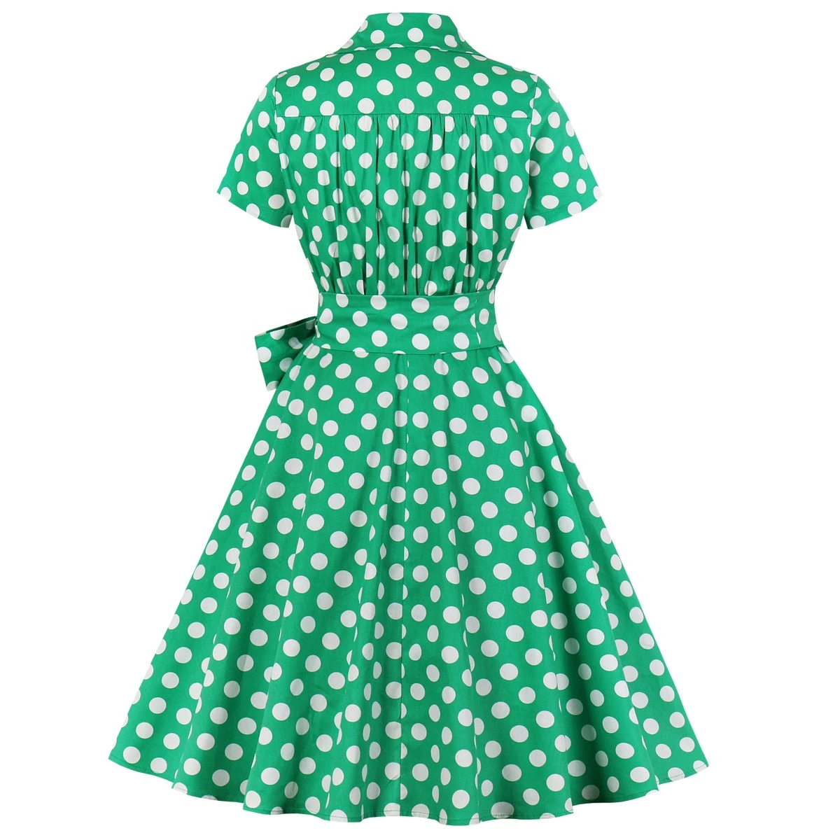 MXN-1207 Womens Shirt Collar Wrap Green Polka Dots Bow Waist Tie Vintage Dress