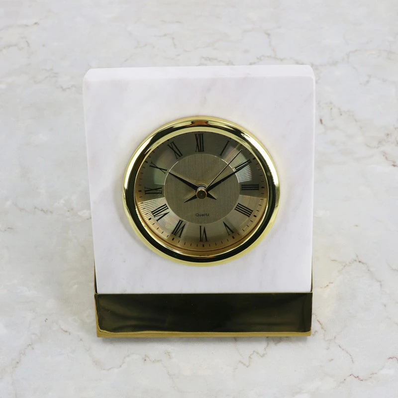 New design natural marble desk table art clock with metal base
