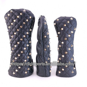 New Style Fashion Leather Rivet 1 3 5 Golf Club Head Cover Golf Headcover Set Golden Rivets +Black PU