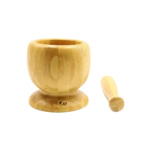New wooden handmade bamboo mortar and pestle