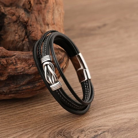 New Woven Leather Love Knot Rope Chain Chunky Stainless Steel Mens Leather Bracelet Multilayer Design