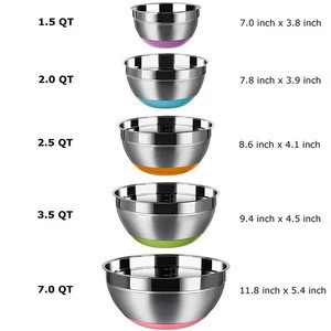Non Slip Colorful Silicone Bottom Nesting Storage Bowls Stainless Steel Mixing Bowls