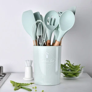Non-stick spatula kitchen utensil cooking set 11-piece silicone kitchenware with wooden handle