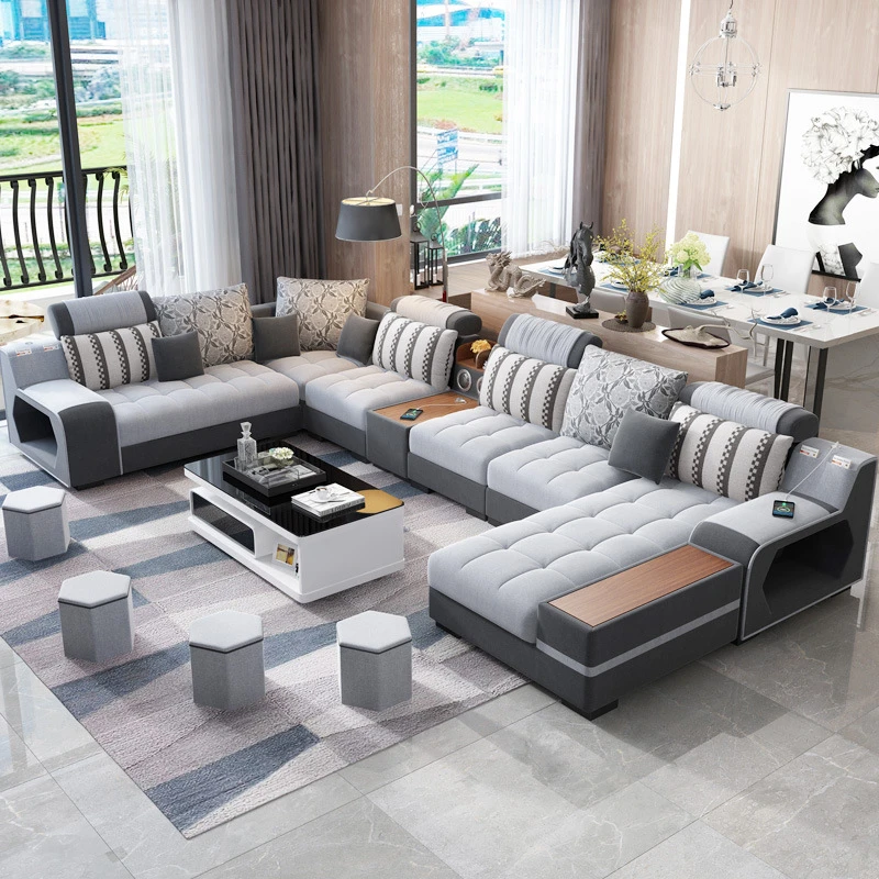 Nordic Modern Living Room Sofa, Luxury Modern U Shaped Sectional Fabric Sofa Set With Ottoman