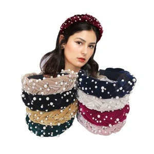 Pearl Bow Knotted Vintage Headband for Women with Elastic Hair Hoops Hair Accessories