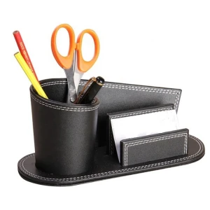 Personalized Design Wholesale Stationery PU Leather Torch Pen Cup Pencil Holder With Business Card Stand LG-B023