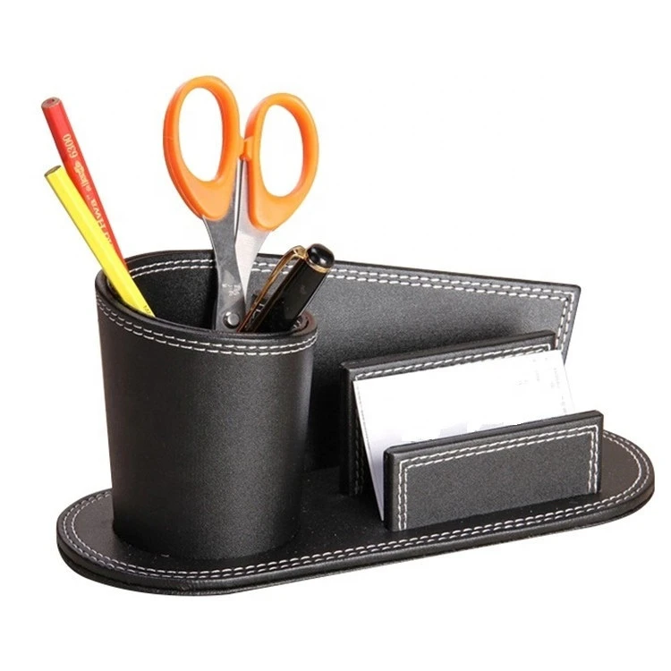 Personalized Design Wholesale Stationery PU Leather Torch Pen Cup Pencil Holder With Business Card Stand LG-B023