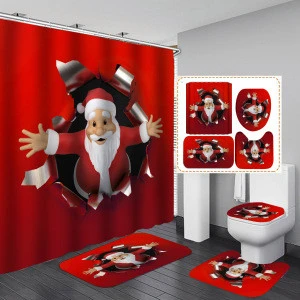 Polyester Fabric Bath Screen Sets With Bath Mat 4pcs Rug Christmas Pattern Shower Curtains For Bathroom