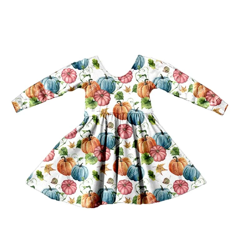 Print on demand Cute Pumpkin Design Ready Made Cotton Clothes Halloween Party New Born Twirly Toddler  Girls Baby Dress