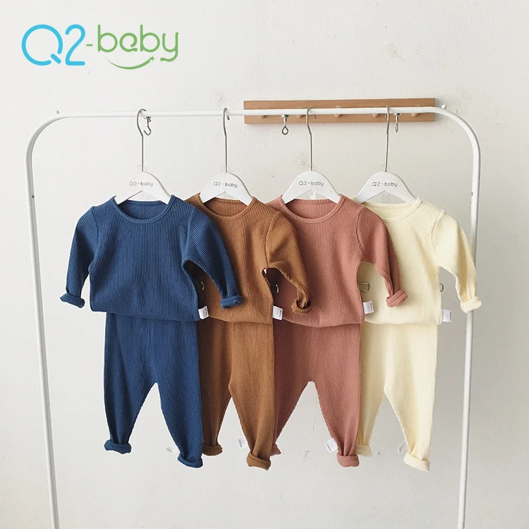 Q2-baby Single Breasted Solid Cotton O-Neck Infant Toddler Boy Clothes Sets For Winter