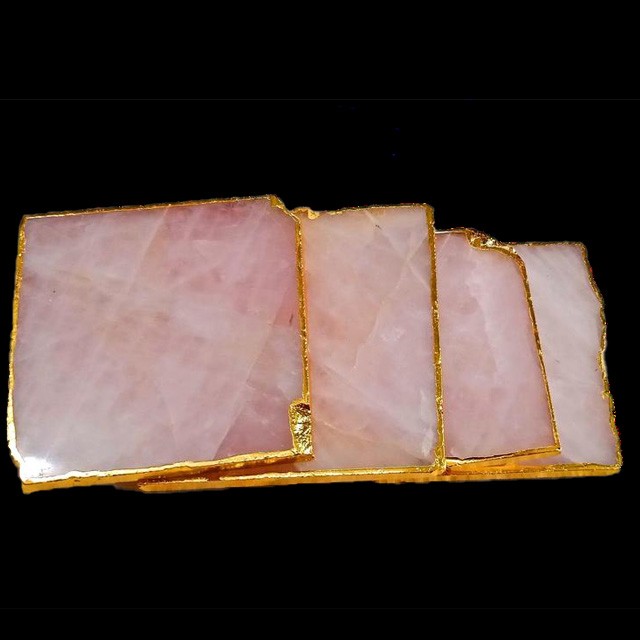 Quartz Rose Agate Coaster Set Coasters  Geode Slice Crystal Gold Trim for Art Cup Mat