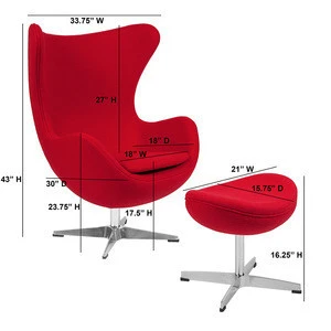 Red Wool Fabric Egg Chair with Tilt-Lock Mechanism and Ottoman