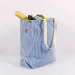 Reusable blue stripe waxed cotton canvas beach tote bag with webbing strap