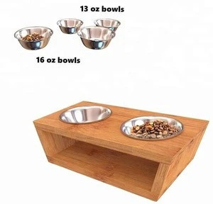 Solid Wood Raised Stand Pet Feeder for Cats and Dogs with 4 Stainless Steel Feeding Bowls