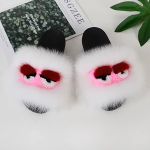 Vendor custom designer fluffy slippers wholesale fox raccoon real mink fur slipper big raccoon fur slides