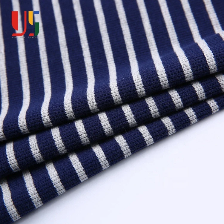 White blue polyester spandex cotton stripe ct rib 2x2 fabric stock lot