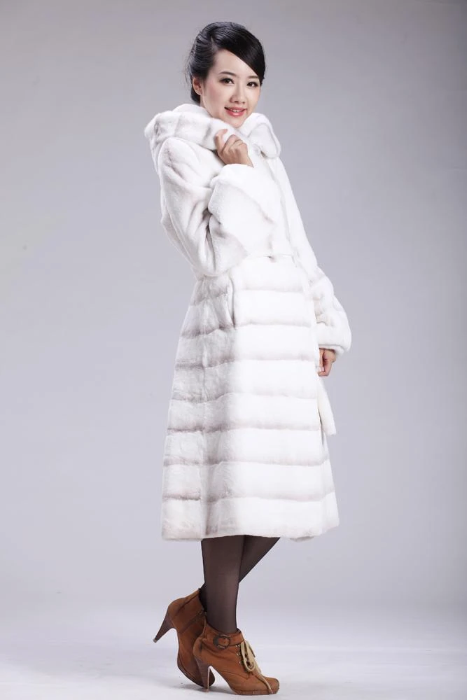White rex rabbit fur coat with mink fur hood trim