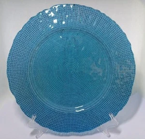 wholesale custom clear hand made blue round glass charger plates