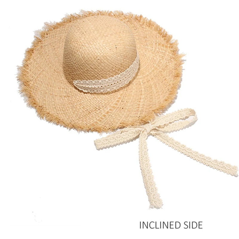 Wholesale Laffie straw Hat ladies summer lace bow-tie beach hat hand-woven sun hat