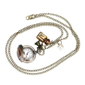 Wholesale Vintage Quartz Watch, Free Shipping Pocket Watch with Alloy Chain and Rabbit Header Wishing Bottle Pearls