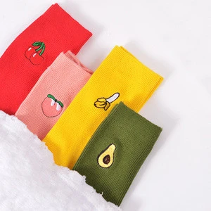 Women Cute Cartoon Fruit Print Avocado Banana Cherry Peach Kawaii Embroidery Meias Pile Heap Funny Socks
