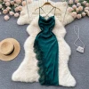 womens french retro open back suspenders slim  dress irregular satin lace slit hollow irregular dress