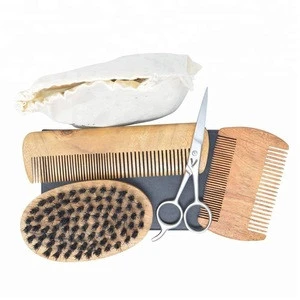 Wooden beard brush and comb set kits with beard scissors