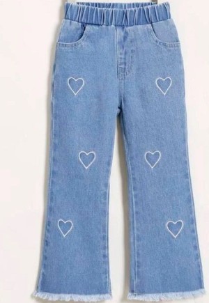 Heart Embroidery Raw Trim Flare Leg Jeans for Toddler Girls