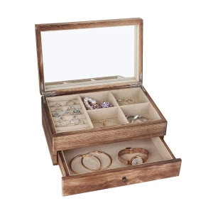 Factory Wholesale Wooden Jewelry Storage Box Carbonzied Paulownia Wood Jewelry Packaging Box With Mirror