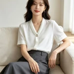women blouse,office shirt,work uniform,v‑neck shirt,chiffon blouse