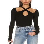 Hollow out hanging neck long sleeve T-shirt