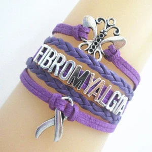 100% Hand-crafted Fibromyalgia Cancer Awareness Ribbon Charms Leather braided FIBROMYALGIA Bracelet