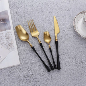 18 8 flat head PVD plated black gold cutlery stainless steel flatware set knives spoons forks