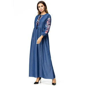 2018 new design embroidery denim abaya dress for muslim women islamic clothing