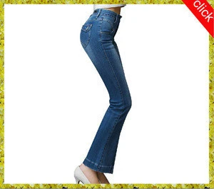 2019 OEM latest design women flare jeans,new fashion boot cut women jeans,washed blue slim flat back pocket flared jeans pants