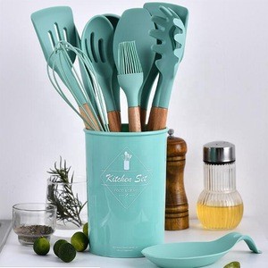2020 New design 11pcs with holder eco friendly wood handle cooking tools food grade silicone kitchen utensils set