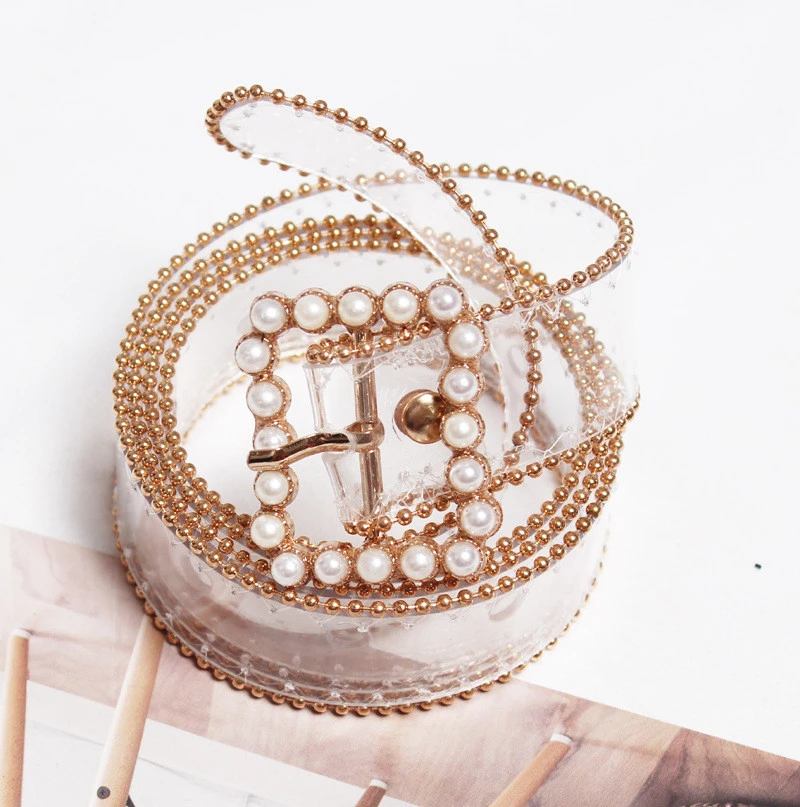 2020 New Fashion Transparent Women Belt Clear Color designer Brand Wide Waist square Lady Pants Belt with luxury pearl buckle