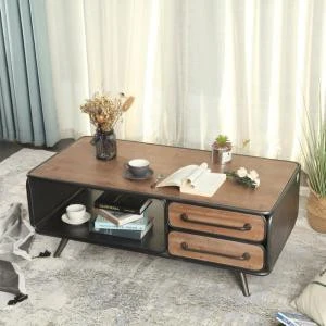 2020 wholesale home furniture center farm house vintage industrial antique rustic metal frame base solid wood coffee table