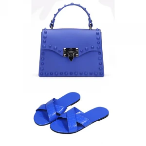 2021 hot sale rivet candy color pvc woman handbags lady shoulder crossbody bag jelly slipper purse and shoe sets