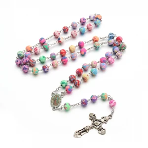 2021 Komi Wholesales Colorful Polymer Clay Round Bead Catholic Prayer Rosary Necklace