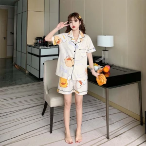 2021 New Fashion Short Sleeve Loungewear Milk Silk Two Piece Womens Pyjamas Sleepwear