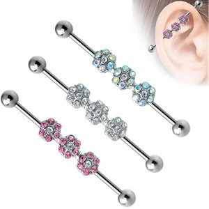 38mm Crystal Flower Fake Ear Barbell Industrial Body Piercing Studs Design Jewelry